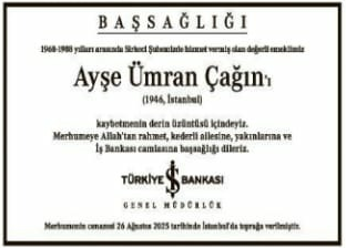 Hürriyet Başsağlığı İlanı | Ayşe Ümran Çağın – 26 Ağustos 2025